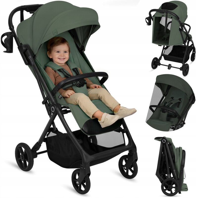 Carucior sport, Lionelo, Tansi, Pliere automata, Ultracompact, Manevrare cu o mana, Roti cu tehnologie GravelTech, Spatar si suport picioare reglabile, 6-48 luni, Sustine 22 kg, Verde