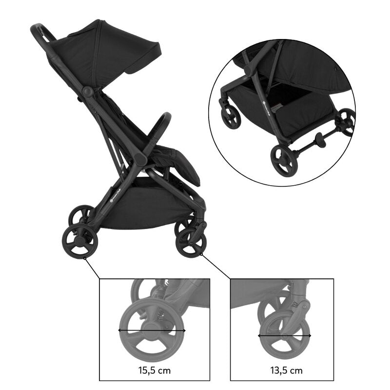 Carucior sport, Petite&Mars, Flip, Pliere compacta cu o mana, Spatar reglabil pana la pozitie de somn, Suport picioare reglabil, Copertina extensibila cu protectie UPF50+, Pana la 22 kg, 0 luni+, Negru