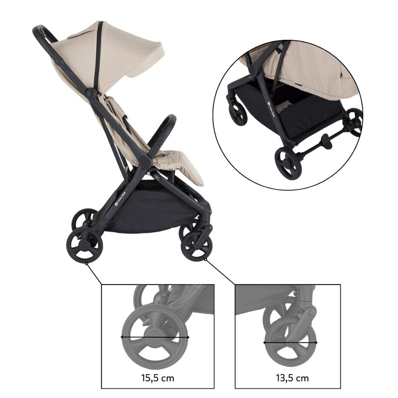 Carucior sport, Petite&Mars, Flip, Pliere compacta cu o mana, Spatar reglabil pana la pozitie de somn, Suport picioare reglabil, Copertina extensibila cu protectie UPF50+, Pana la 22 kg, 0 luni+, Bej