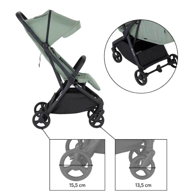 Carucior sport, Petite&Mars, Flip, Pliere compacta cu o mana, Spatar reglabil pana la pozitie de somn, Suport picioare reglabil, Copertina extensibila cu protectie UPF50+, Pana la 22 kg, 0 luni+, Verde Matcha