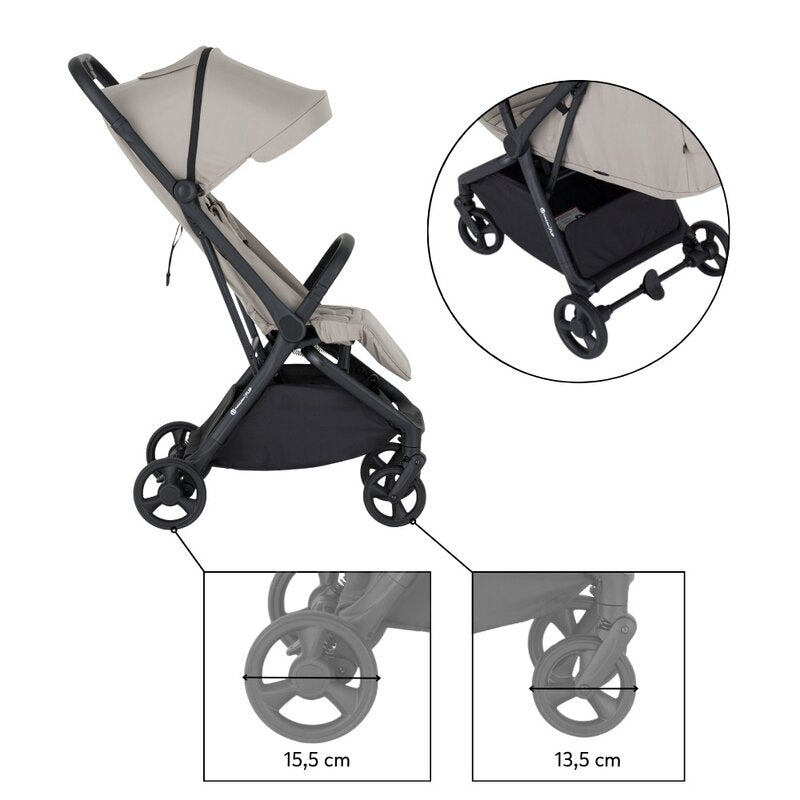 Carucior sport, Petite&Mars, Flip, Pliere compacta cu o mana, Spatar reglabil pana la pozitie de somn, Suport picioare reglabil, Copertina extensibila cu protectie UPF50+, Pana la 22 kg, 0 luni+, Gri