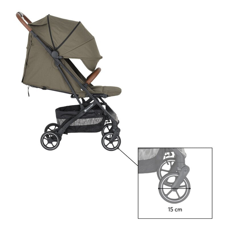 Carucior sport, Petite&Mars, Fly, Pliere compacta, Spatar reglabil pana la pozitie de somn, Suport picioare reglabil, Copertina extensibila cu protectie UPF40+, Suport pahar inclus, Pana la 22 kg, 0 luni+, Verde