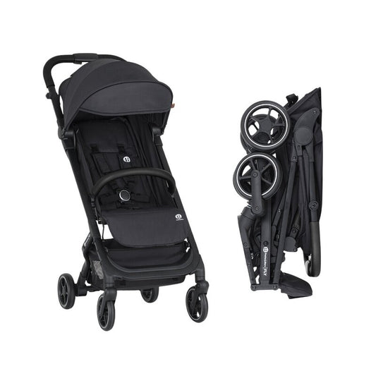 Carucior sport, Petite&Mars, Fly, Pliere compacta, Spatar reglabil pana la pozitie de somn, Suport picioare reglabil, Copertina extensibila cu protectie UPF40+, Suport pahar inclus, Pana la 22 kg, 0 luni+, Negru