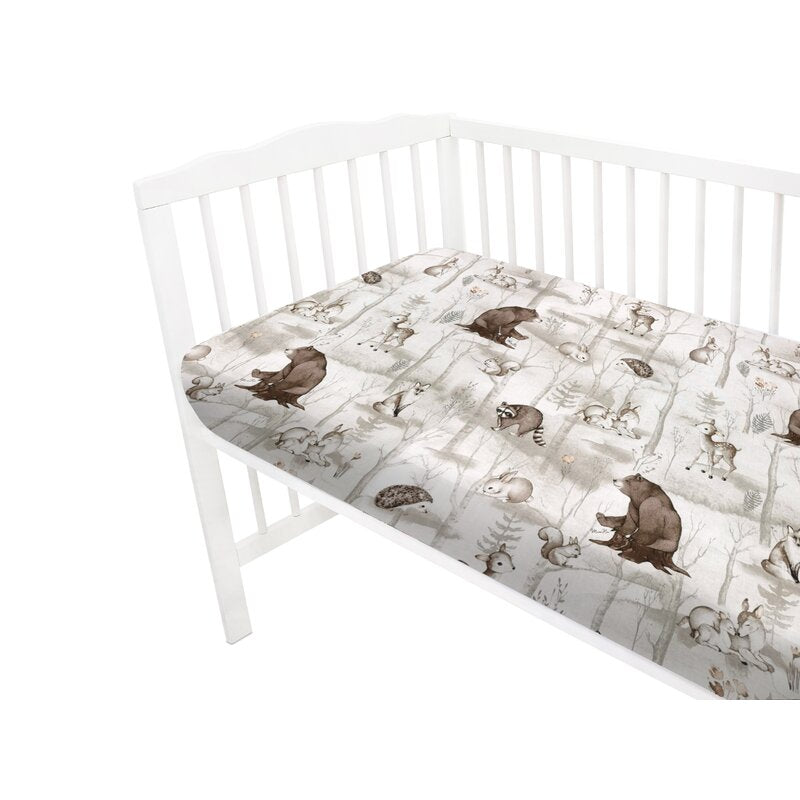 Cearceaf cu elastic, MimiNu, Pentru patut 120X60 cm, Din bumbac certificat Oeko Tex Standard 100, Design, Woodland