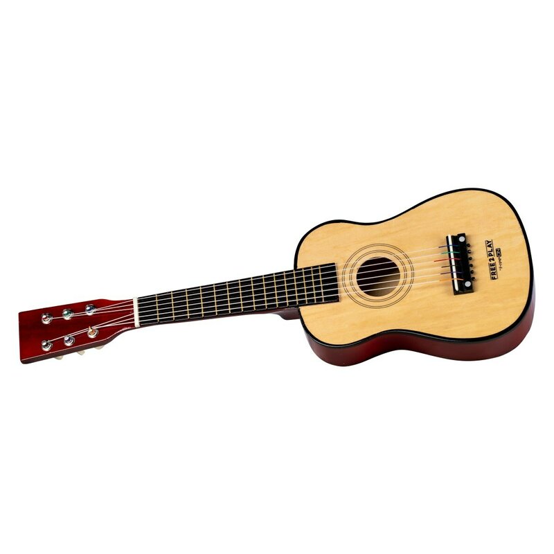 Chitara din lemn, Free2Play, Cu 6 corzi metalice, Dezvolta abilitatile motorii, Stimuleaza auzul si atentia auditiva, 59 cm, 3 ani+, Brown