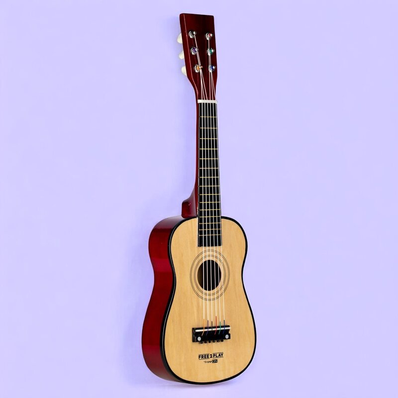 Chitara din lemn, Free2Play, Cu 6 corzi metalice, Dezvolta abilitatile motorii, Stimuleaza auzul si atentia auditiva, 59 cm, 3 ani+, Brown