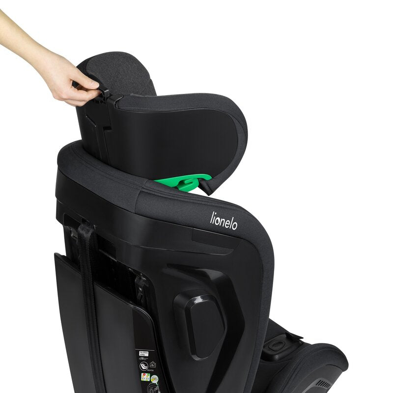 Scaun auto, Lionelo, Harper i-Size, Isofix, Cu centura TopTether, Cu spatar inclinabil in 5 pozitii, Cu tetiera reglabila in 13 pozitii, Cu tehnologie Dri Seat, Instalare cu fata inainte, 9-36 kg, 76-150 cm, Conform cu ECE R129, Gri