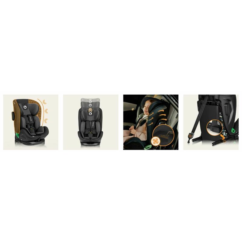 Scaun auto, Lionelo, Harper i-Size, Isofix, Cu centura TopTether, Cu spatar inclinabil in 5 pozitii, Cu tetiera reglabila in 13 pozitii, Cu tehnologie Dri Seat, Instalare cu fata inainte, 9-36 kg, 76-150 cm, Conform cu ECE R129, Gri