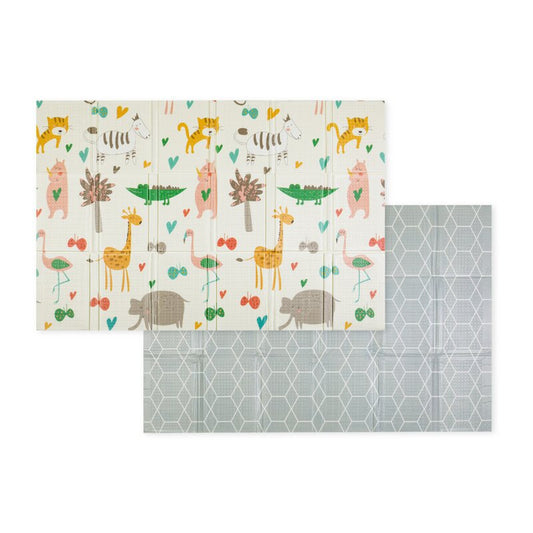 Covoras educativ, Petite&Mars, Campy L, Din spuma XPE non-toxica, Cu doua fete, Suprafata antiderapanta, 130x200 cm, Pliabil compact 40×32×21 cm, Model animalute si forme geometrice