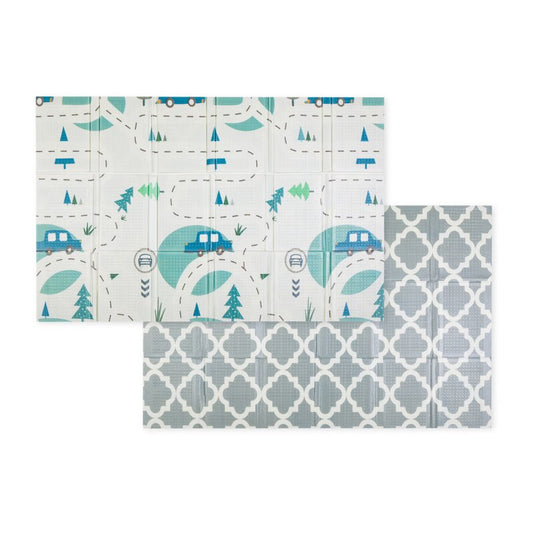 Covoras educativ, Petite&Mars, Campy L, Din spuma XPE non-toxica, Cu doua fete, Suprafata antiderapanta, 130x200 cm, Pliabil compact 40×32×21 cm, Model masini si forme geometrice