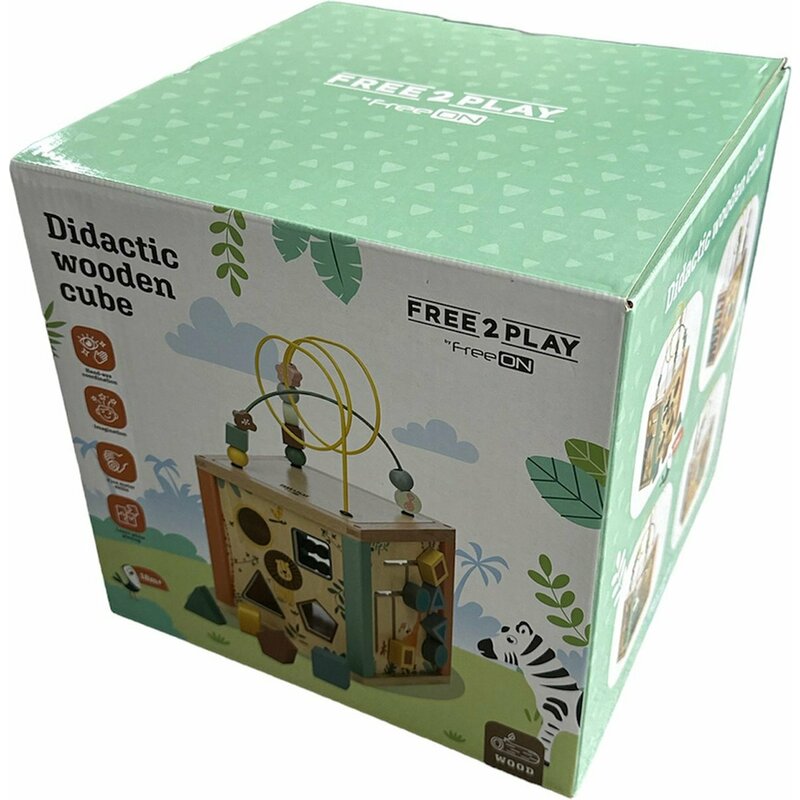 Cub mare de activitati, Free2Play, Safari, Pentru copii, Din lemn, Cu sortator de forme, Abac si alte activitati, Conform cu standardele europene EN71-1;2018, EN71-2:2020, EN71-3:2021
