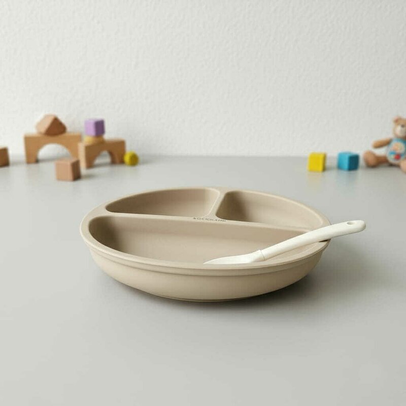 Farfurie compartimentata, Bocioland, Rotunda, Cu 3 compartimente, Fara BPA, 6-36 luni, Beige