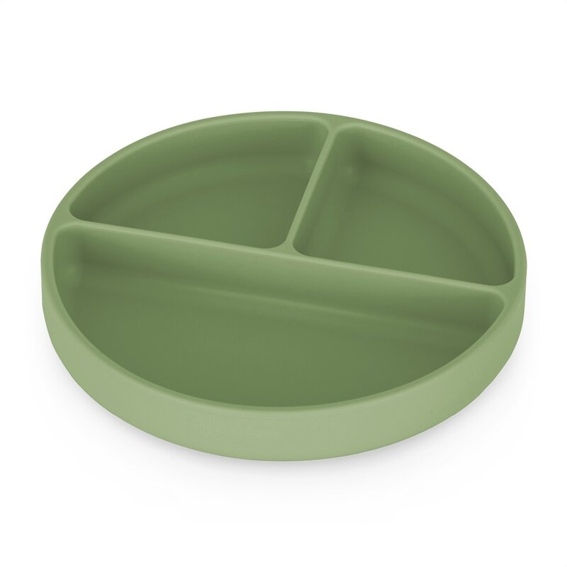 Farfurie compartimentata, Petite&Mars, Take&Match, Din silicon, Rotunda, Cu ventuza si 3 compartimente, Adecvata pentru masina de spalat vase si microunde, Nu absoarbe mirosuri, Fara BPA, 500 ml, 6 luni+, Sweet Pea, Verde