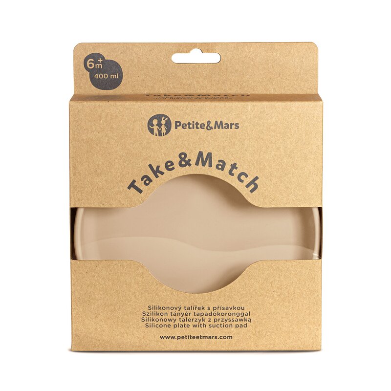 Farfurie, Petite&Mars, Take&Match, Din silicon, Cu ventuza, Fara BPA, Adecvata pentru masina de spalat vase si microunde, Nu absoarbe mirosuri, 6 luni+, 400 ml, Velvet Latte, Maro pudrat