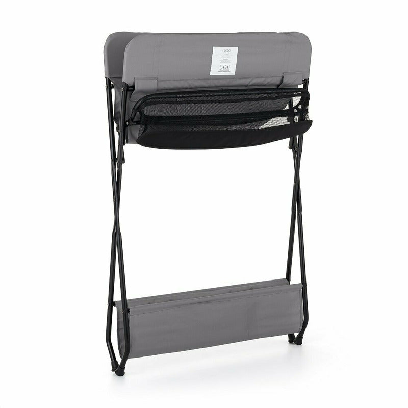 Masuta pentru infasat si schimbat scutece, Feedo, Multifunctionala, Pliabila, Cu raft pentru depozitare si compartiment lateral, Realizata din fier, panza si in, 80.5 x 67 x 102.5 cm, Gri