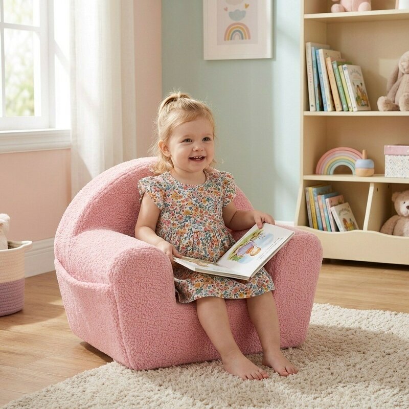 Fotoliu din burete, New Baby, Pentru copii, Cu buzunar lateral, Cu Husa detasabila, Din materiale certificate Oeko Tex Standard 100, Teddy Pink