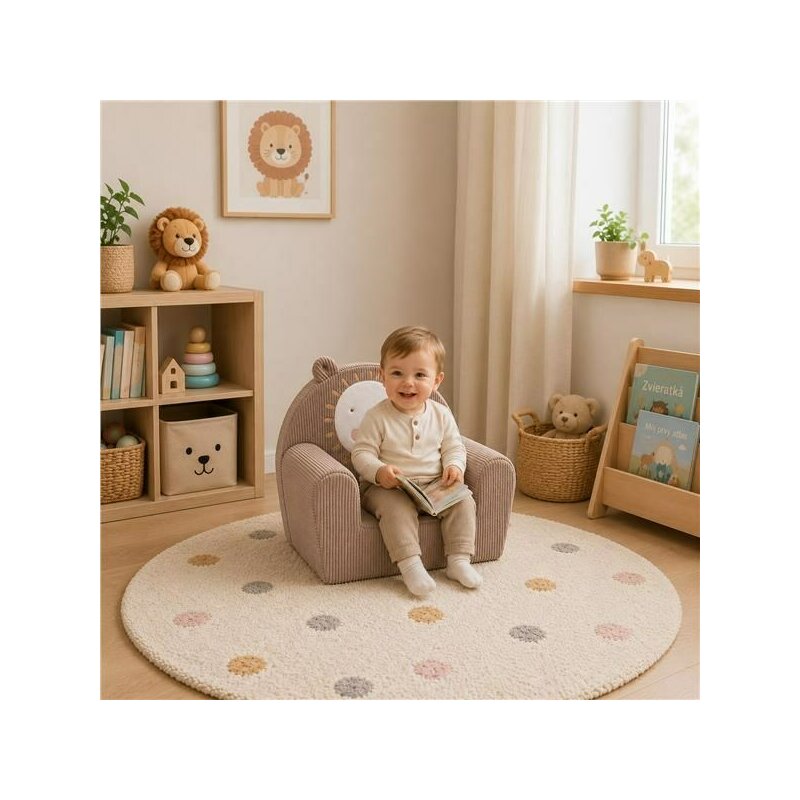 Fotoliu din burete, New Baby, Pentru copii, Din tesatura de catifea reiata, Cu husa detasabila, Materiale certificate Oeko Tex Standard 100, Leu