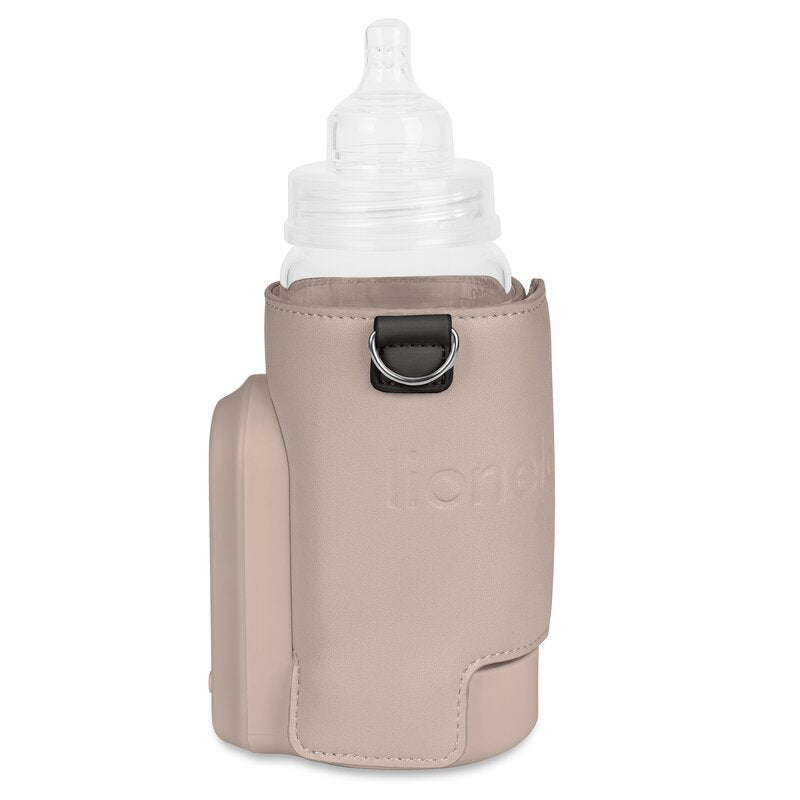Incalzitor biberoane, Lionelo, ThermUp Go Evo, Portabil, Cu 5 niveluri de incalzire, Cu buton Safety Control, Mentinere caldura pana la 9h, Incarcare USB, Bej inchis