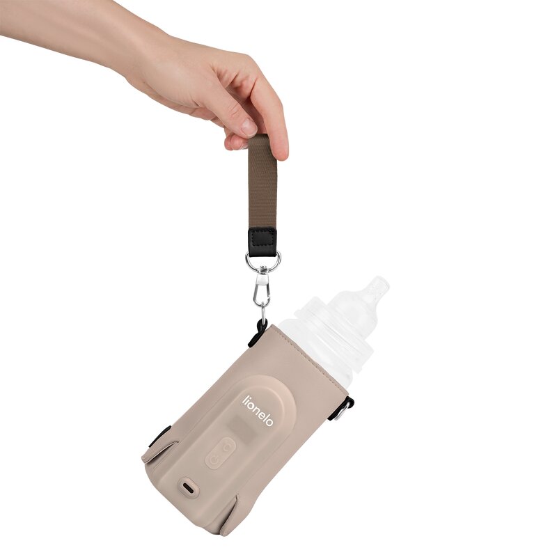 Incalzitor biberoane, Lionelo, ThermUp Go Evo, Portabil, Cu 5 niveluri de incalzire, Cu buton Safety Control, Mentinere caldura pana la 9h, Incarcare USB, Bej inchis