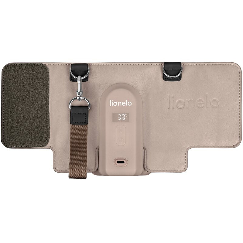 Incalzitor biberoane, Lionelo, ThermUp Go Evo, Portabil, Cu 5 niveluri de incalzire, Cu buton Safety Control, Mentinere caldura pana la 9h, Incarcare USB, Bej inchis