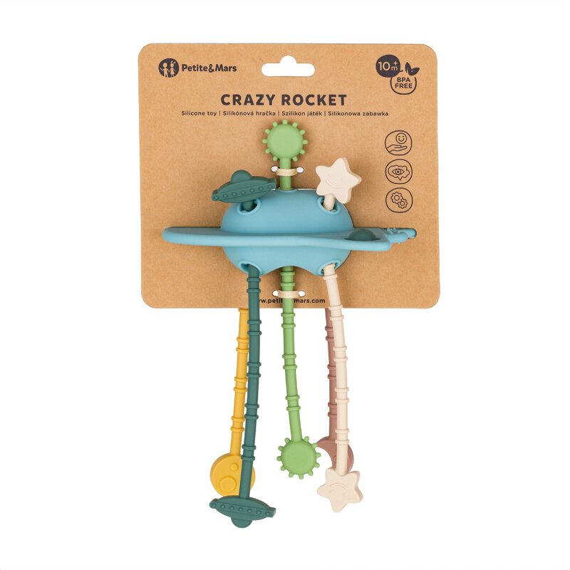 Jucarie senzoriala, Petite&Mars, Crazy rocket, Din silicon, Fara BPA, Moale si flexibila, 20 cm, 10 luni+, Albastru