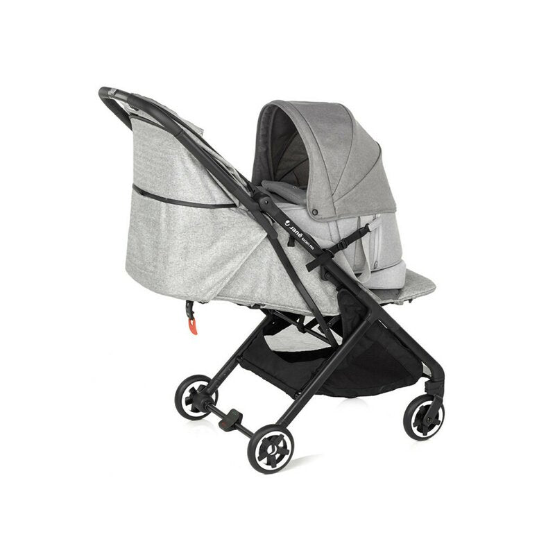 Landou portabil, Jane, Montare in carucior, Cu manere, Cu salteluta 95% materiale reciclate cu protectie UPF50, 67x29.5x43 cm, 0-9 Kg, Dim Grey
