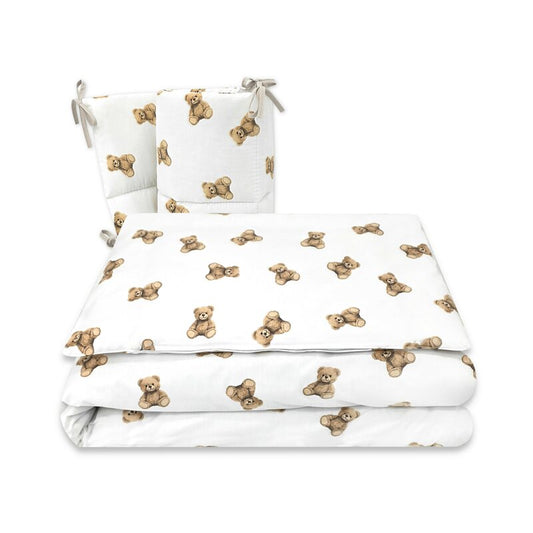 Lenjerie patut 3 piese, Qmini, Pentru patut 120x60 cm, Cu protectie laterala, Din bumbac certificat Oeko Tex Standard 100, Teddy Toys