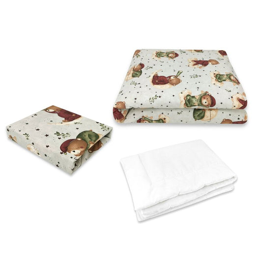 Lenjerie patut cu 3 piese, MimiNu, Cu cearceaf 120x60 cm, Din bumbac certificat Oeko Tex Standard 100, Cu pilota si husa pilota, 135x100 cm, Design, Teddy Bear On Moon