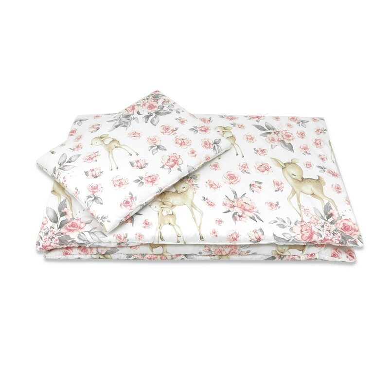 Lenjerie patut cu 5 piese, MimiNu, Cu cearceaf 120x60 cm, Pilota, Pernuta, 2 aparatori, Din bumbac certificat Oeko Tex Standard 100, Sweet Deer Pink