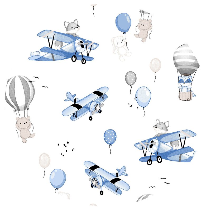 Lenjerie patut cu 3 piese, MimiNu, Pentru patut 120x60 cm, Cu protectie laterala, Din bumbac certificat Oeko Tex Standard 100, Blue Plane