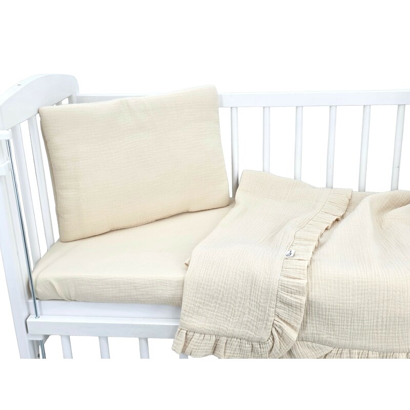 Lenjerie patut cu 3 piese, Qmini, Aurora, Pentru co-sleeper, Din muselina dubla, Material certificat Oeko Tex Standard 100, Warm Beige