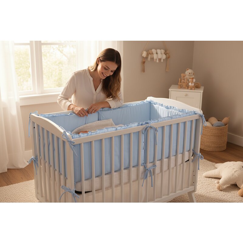 Lenjerie patut cu 6 piese, MimiNu, Pentru patut 120x60 cm, Cu volanase, Cu pilota si perna, Cu doua aparatori laterale, Din bumbac certificat Oeko Tex Standard 100, Colectia Royal, Blue