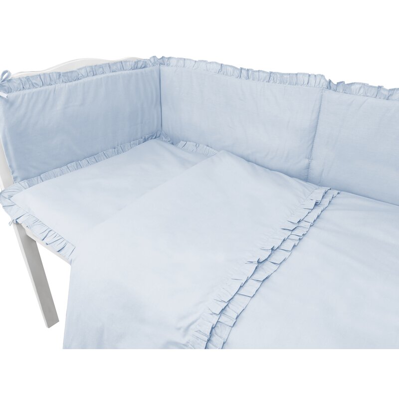 Lenjerie patut cu 6 piese, MimiNu, Pentru patut 120x60 cm, Cu volanase, Cu pilota si perna, Cu doua aparatori laterale, Din bumbac certificat Oeko Tex Standard 100, Colectia Royal, Blue