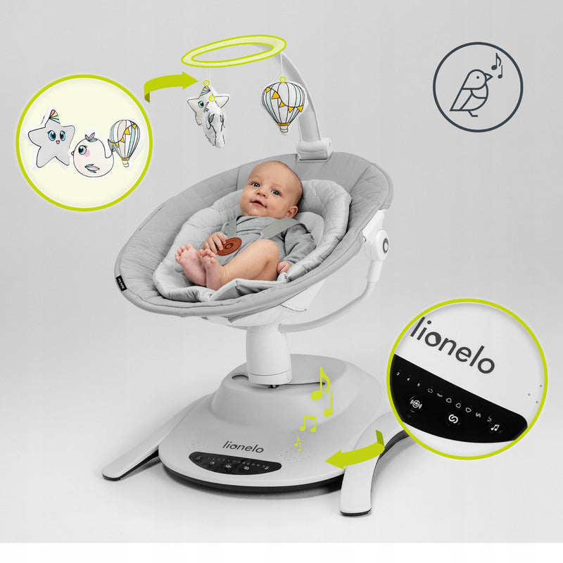 Balansoar, Lionelo, Bella, Multifunctional, Electric, Scaun reglabil, Ecran tactil si telecomanda, 6 miscari unice, 5 viteze, Cu melodii, Gri