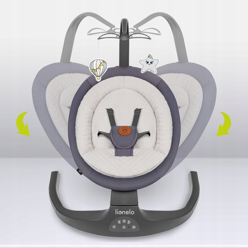 Balansoar si sezlong, Lionelo, Ralf, 2 in 1, Electric, Cu telecomanda si cablu USB, Cu miscare laterala de balansare si 5 niveluri diferite de viteza, Cu 12 melodii, Gri Grafit