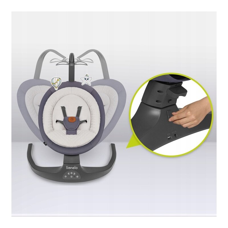 Balansoar si sezlong, Lionelo, Ralf, 2 in 1, Electric, Cu telecomanda si cablu USB, Cu miscare laterala de balansare si 5 niveluri diferite de viteza, Cu 12 melodii, Gri Grafit