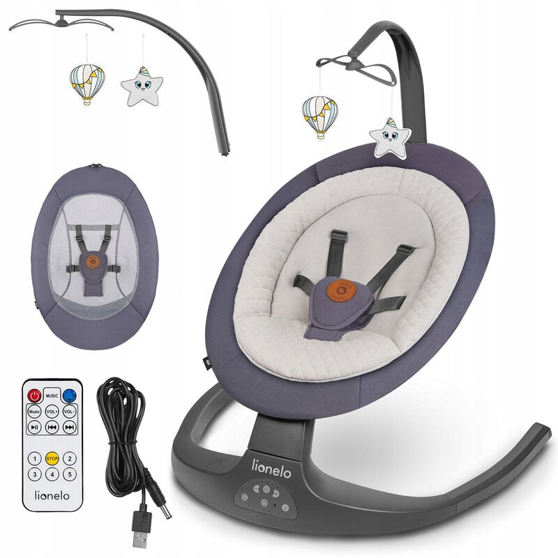 Balansoar si sezlong, Lionelo, Ralf, 2 in 1, Electric, Cu telecomanda si cablu USB, Cu miscare laterala de balansare si 5 niveluri diferite de viteza, Cu 12 melodii, Gri Grafit