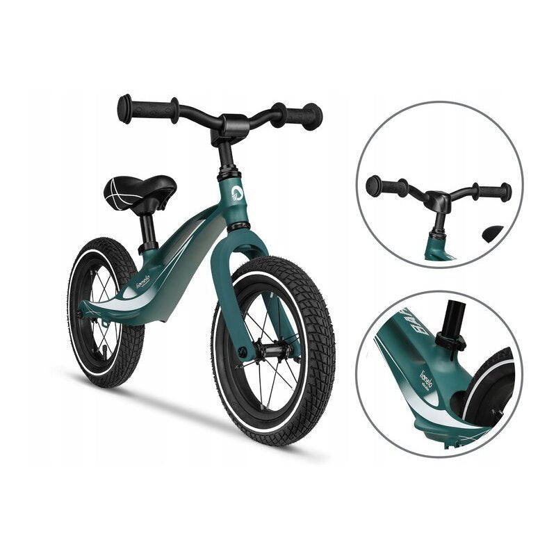 Bicicleta fara pedale, Lionelo, Bart Air, Usoara, Cu roti gonflabile, Cu cadru din magneziu, Cu ghidon si sa reglabile, Greutate 3.8 Kg, 12 inch, Conform cu standardul european de securitate EN71, Green Forest