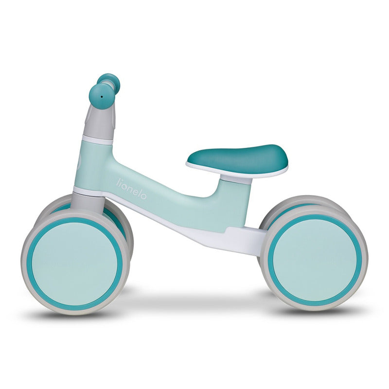 Bicicleta fara pedale, Lionelo, Villy, Cu 4 roti, Din spuma EVA si TPR, Stabila, Manere moi, antiderapante, 12- 36 luni, Sustine pana la 30 kg, Certificata EN 71-1:2014, EN 71-2:2011, EN 71-3:2019, Verde turcoaz