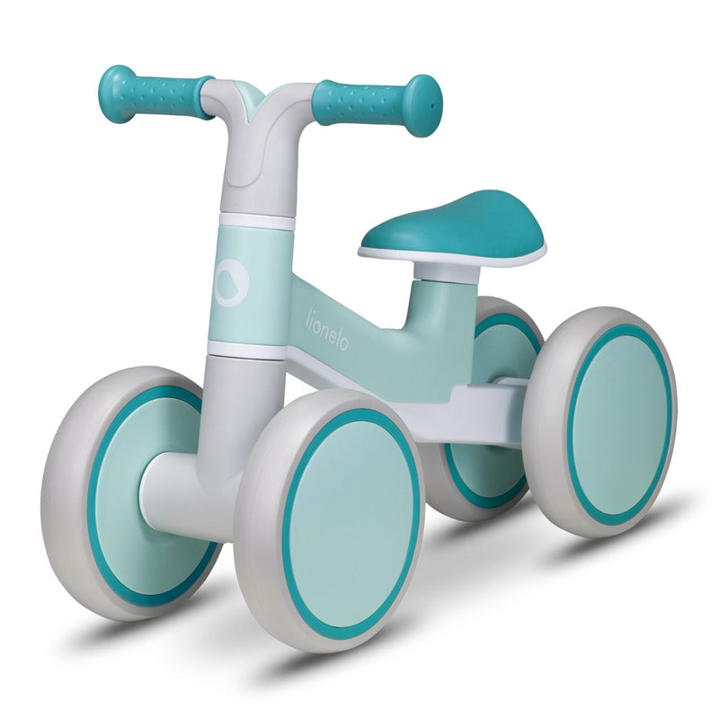 Bicicleta fara pedale, Lionelo, Villy, Cu 4 roti, Din spuma EVA si TPR, Stabila, Manere moi, antiderapante, 12- 36 luni, Sustine pana la 30 kg, Certificata EN 71-1:2014, EN 71-2:2011, EN 71-3:2019, Verde turcoaz