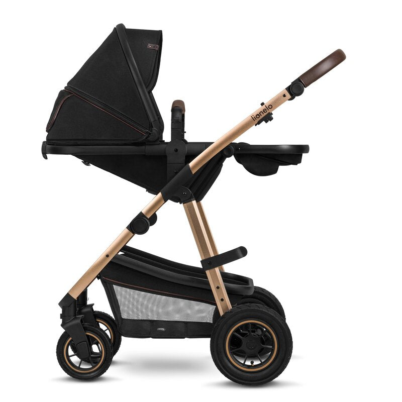 Carucior 2 in 1, Lionelo, Amber, Cadru aluminiu, Cu landou intarit si salteluta moale, Reversibil, Maner ajustabil, Huse pentru picioare, ploaie, Plasa de tantari, Geanta parinti, Pana la 22 kg, EN1888-1, EN1888-2, EN1466, Negru
