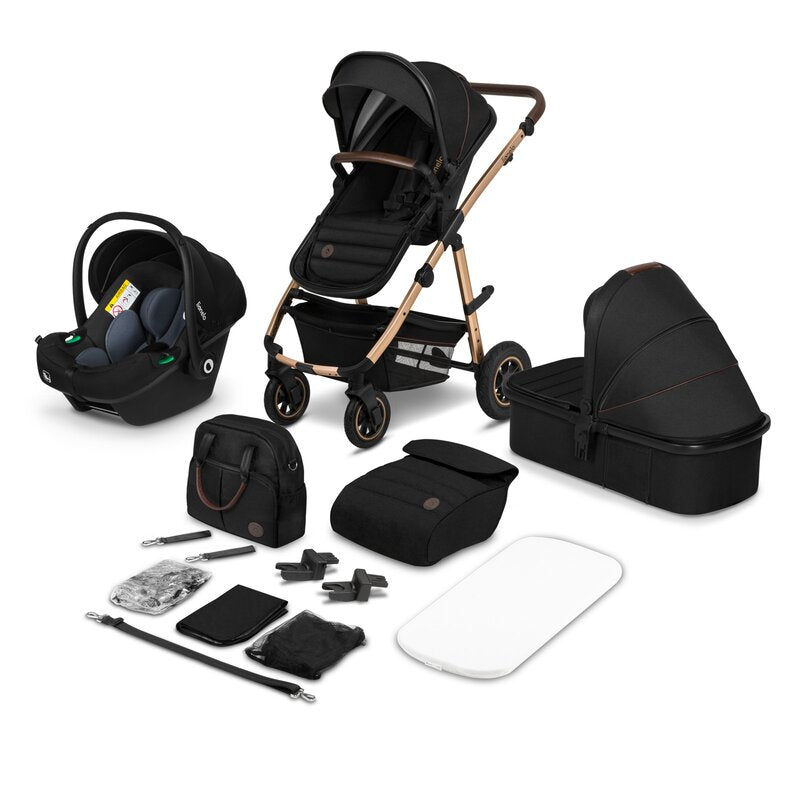 Carucior 3 in 1, Lionelo, Amber, Cadru aluminiu, Cu landou intarit si salteluta moale, Cu scoica auto testata ADAC, Reversibil, Cu accesorii, Geanta parinti, Pana la 22 kg, EN1888-1 EN1888-2 EN1466 ECE R129, Negru onyx