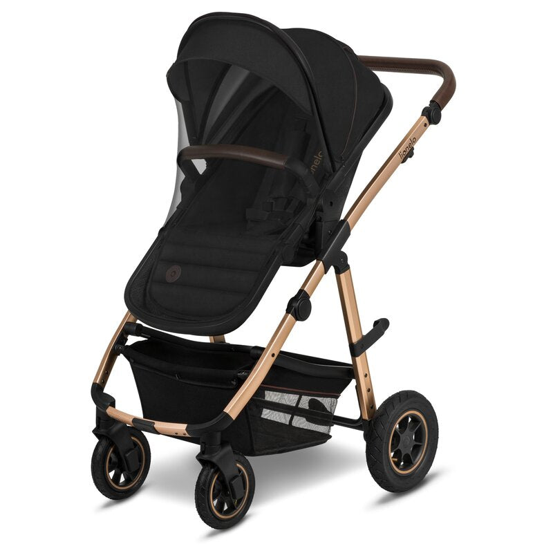 Carucior 3 in 1, Lionelo, Amber, Cadru aluminiu, Cu landou intarit si salteluta moale, Cu scoica auto testata ADAC, Reversibil, Cu accesorii, Geanta parinti, Pana la 22 kg, EN1888-1 EN1888-2 EN1466 ECE R129, Negru onyx