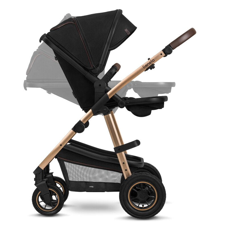 Carucior 3 in 1, Lionelo, Amber, Cadru aluminiu, Cu landou intarit si salteluta moale, Cu scoica auto testata ADAC, Reversibil, Cu accesorii, Geanta parinti, Pana la 22 kg, EN1888-1 EN1888-2 EN1466 ECE R129, Negru onyx