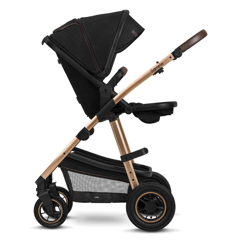 Carucior 3 in 1, Lionelo, Amber, Cadru aluminiu, Cu landou intarit si salteluta moale, Cu scoica auto testata ADAC, Reversibil, Cu accesorii, Geanta parinti, Pana la 22 kg, EN1888-1 EN1888-2 EN1466 ECE R129, Negru onyx