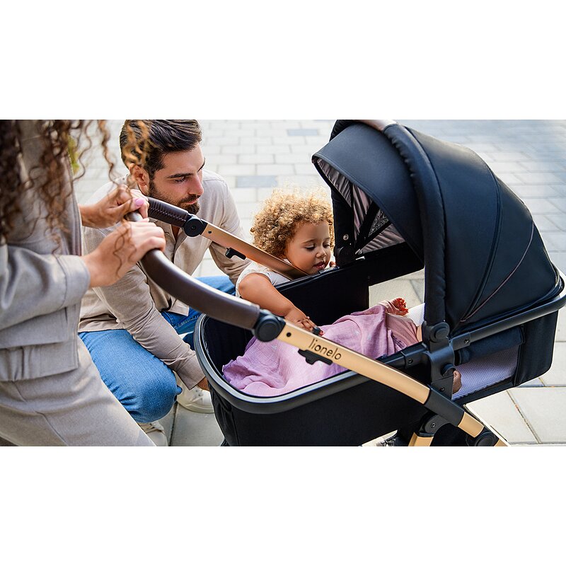 Carucior 3 in 1, Lionelo, Amber, Cadru aluminiu, Cu landou intarit si salteluta moale, Cu scoica auto testata ADAC, Reversibil, Cu accesorii, Geanta parinti, Pana la 22 kg, EN1888-1 EN1888-2 EN1466 ECE R129, Negru onyx