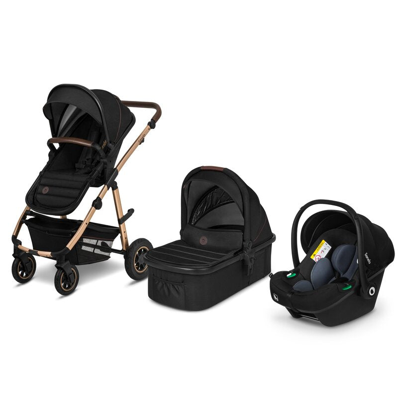 Carucior 3 in 1, Lionelo, Amber, Cadru aluminiu, Cu landou intarit si salteluta moale, Cu scoica auto testata ADAC, Reversibil, Cu accesorii, Geanta parinti, Pana la 22 kg, EN1888-1 EN1888-2 EN1466 ECE R129, Negru onyx