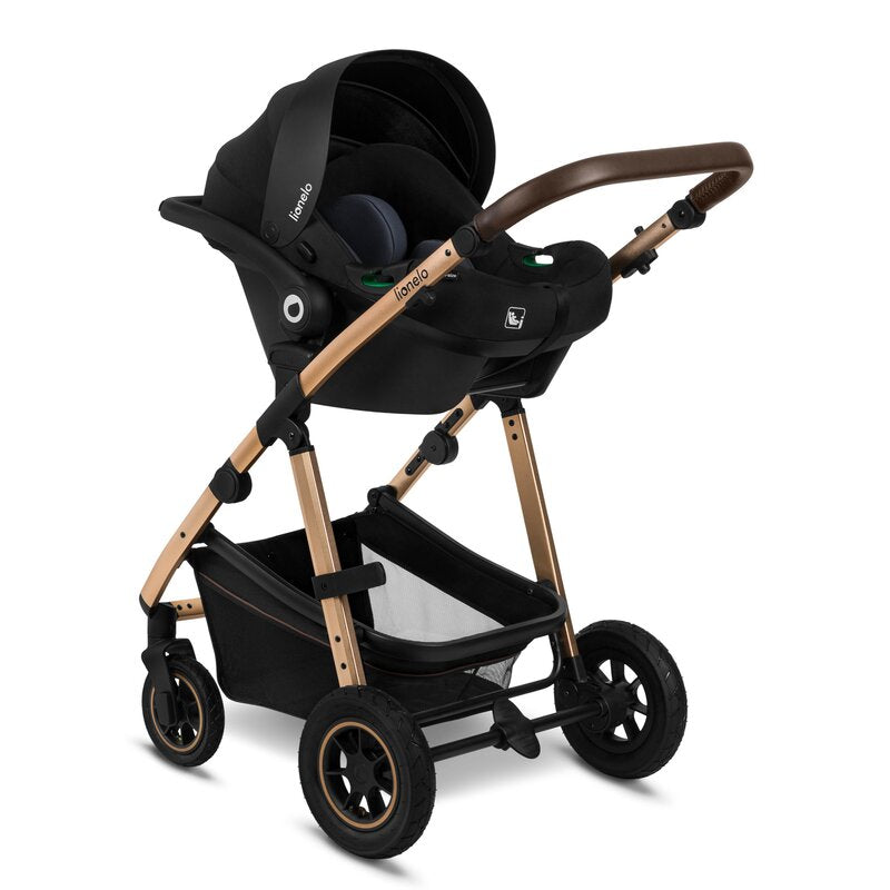 Carucior 3 in 1, Lionelo, Amber, Cadru aluminiu, Cu landou intarit si salteluta moale, Cu scoica auto testata ADAC, Reversibil, Cu accesorii, Geanta parinti, Pana la 22 kg, EN1888-1 EN1888-2 EN1466 ECE R129, Negru onyx