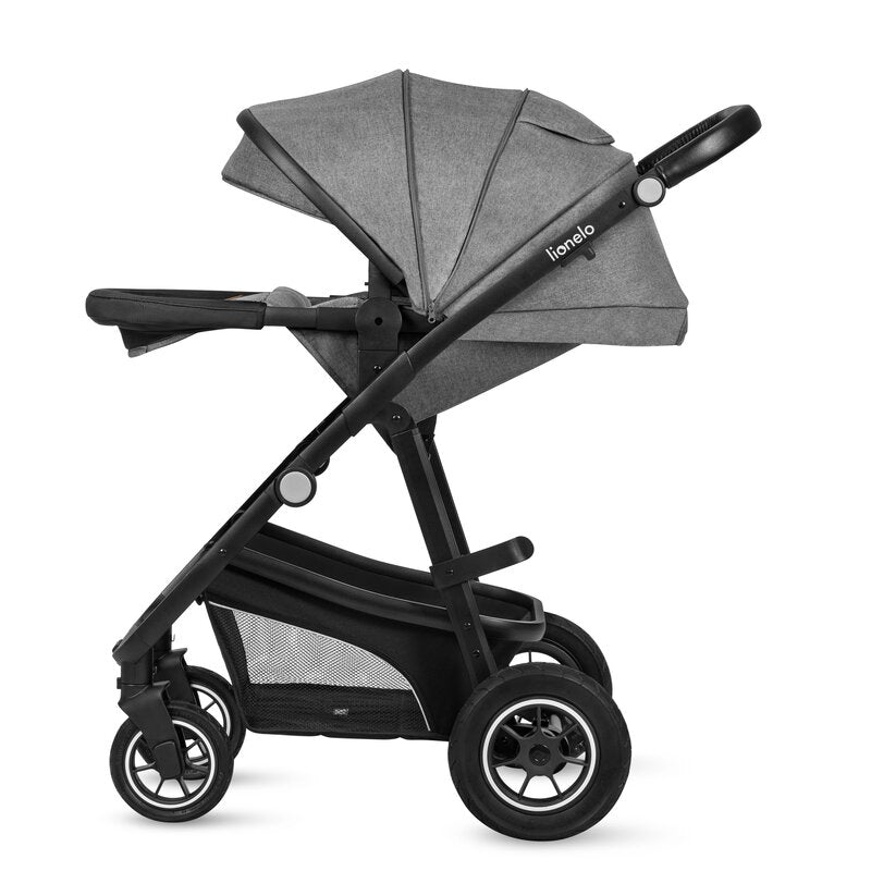 Carucior 3 in 1, Lionelo, Bianka, Transformabil, Cadru aluminiu, Cu landou si salteluta moale, Cu scoica auto, Cu multiple accesorii, Sustine 22 kg, 0 luni+, EN1466:2014+AC:2015, EN1888, Gri