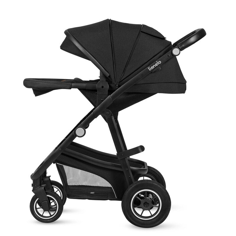Carucior 3 in 1, Lionelo, Bianka, Transformabil, Cadru aluminiu, Cu landou si salteluta moale, Cu scoica auto, Cu multiple accesorii, Sustine 22 kg, 0 luni+, EN1466:2014+AC:2015, EN1888, Negru